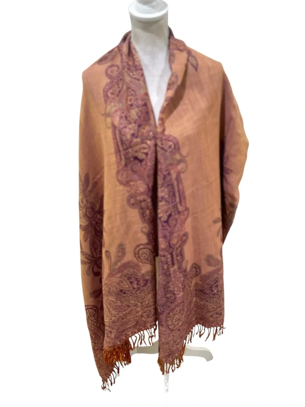 Kashmir royal collection 100% wool Elegant Paisley rust Scarf with fringe